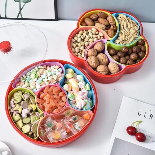 Vista 6 de Bandeja de plástico dividida para servir 5 compartimentos, bandeja para servir aperitivos con tapa y asa, platos reutilizables para servir