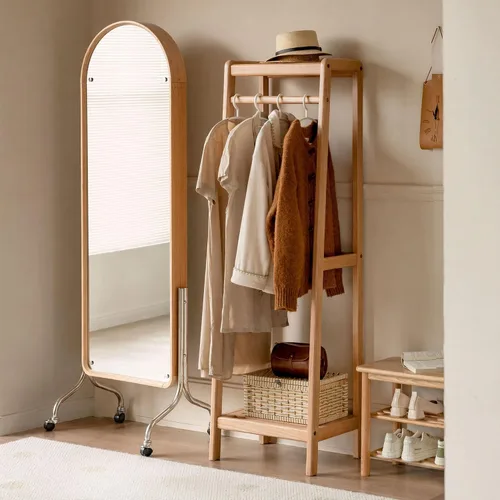 Vista 3 de Perchero de madera maciza, perchero con estantes para dormitorio, sala de estar, entrada, 16 x 20 x 63 pulgadas, madera de roble, natural