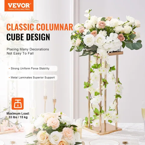Vista 2 de VEVOR 4 soportes de flores de metal dorado para boda, 23.6 pulgadas de alto con laminado de metal, soportes geométricos de jarrón, estante