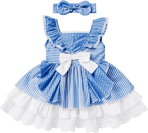 Vista 4 de Vestido de guingán con diadema para bebé vestido de princesa para cumpleaños sesión de fotos