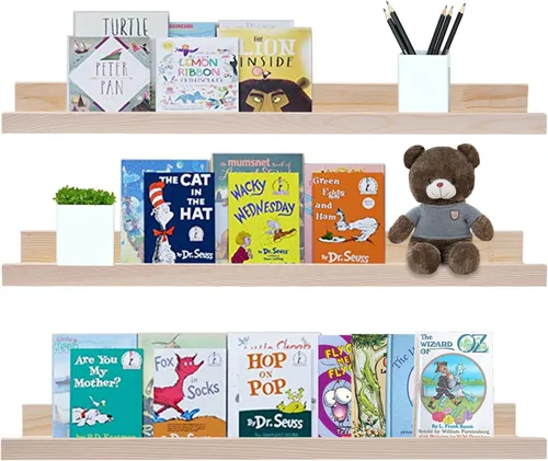 Vista 14 de AZSKY Juego de 3 estantes flotantes para pared, estantes de 24 pulgadas con labio, estante grande para libros de guardería, estantería