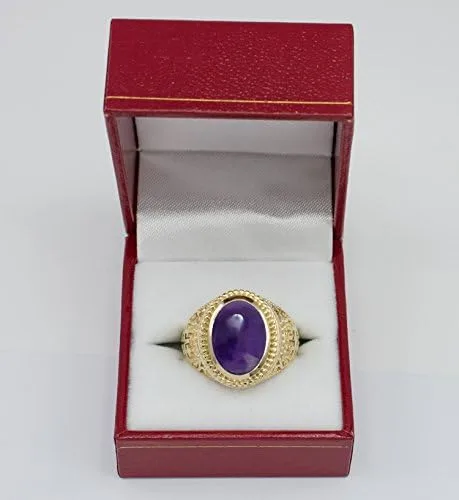 Vista 3 de 14K Amarillo Oro Jerusalén Cruz púrpura Amethyst cabujón febrero Birthstone Anillo