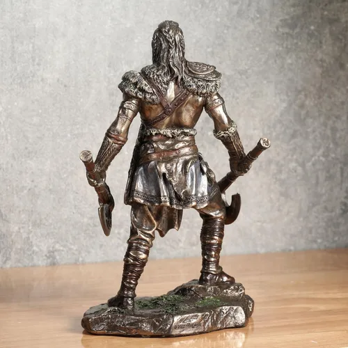 Vista 5 de Veronese Design 6 1/4 pulgadas vikingo gemelo hachas guerrero escultura masculina resina escultura acabado de bronce fundido en frío