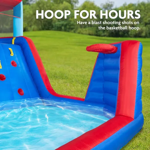 Vista 7 de Sunny & Fun - Parque inflable de cuatro esquinas, resistente para diversión al aire libre, pared de escalada, tobogán y piscina profunda, fácil