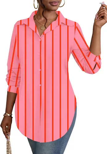 Vista 31 de Rooscier Blusa larga con cuello en V para mujer, manga larga, abertura lateral, con botones