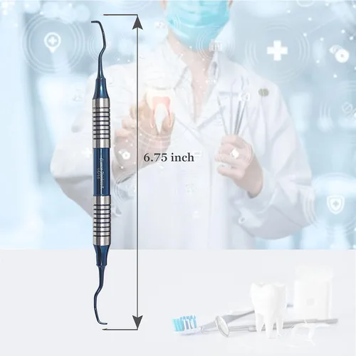 Vista 3 de Cureta Gracey Dental 15/16 Mango Hueco Periodontal Higiene Oral Scalers, Acero Inoxidable Azul Titanio Recubierto Cálculo Tartar Eliminación Médico