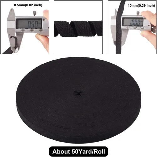 Vista 3 de Cinta de sarga de algodón negro de 50 yardas/150.0 ft, cintas de algodón natural de espiga de 3/8 pulgadas, cinta de costura de tela para coser