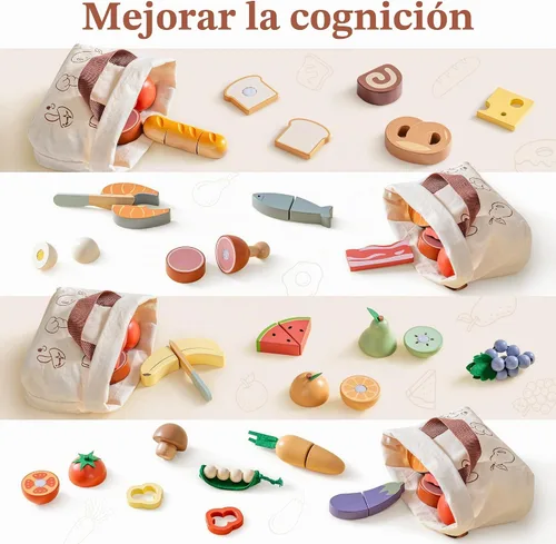Vista 4 de ROBOTIME Juego de comida de madera 4 en 1, juego de juguete de simulación para jugar cocina con bolsa de compras, accesorios de cocina para niños