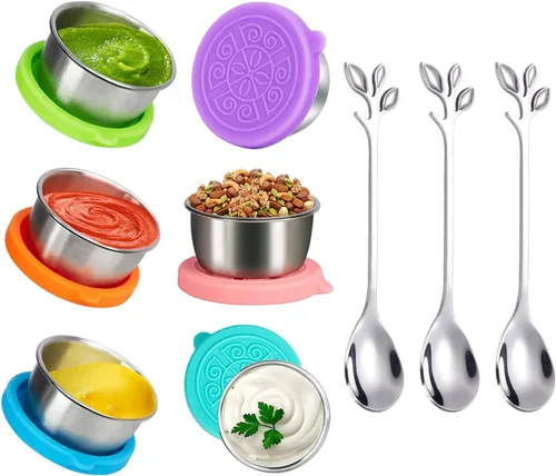 Vista 6 de Recipiente para aderezo de ensalada, 6 x 1.6 onzas reutilizables pequeños con tapas, recipientes de salsa arcoíris para lonchera, taza