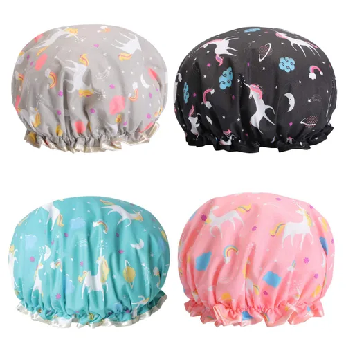 Vista 11 de 4 Piezas Gorros de Ducha para Mujeres y Niña, Gorro de Baño Reutilizable e Impermeable con Doble Capa Impermeable, Patrón de Pájaro y Corazón