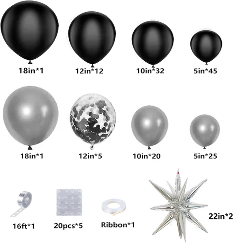 Vista 2 de Kit de arco de guirnalda de globos negros y plateados, 146 globos metálicos plateados y negros con globos plateados de papel de aluminio de estrella