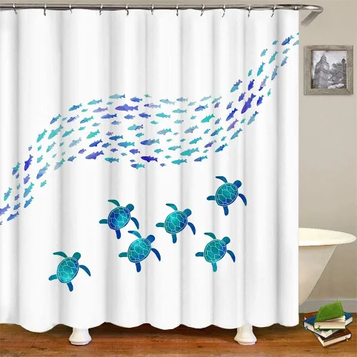 Vista 2 de RnnJoile Cortina de baño, cortina de ducha impermeable náutica con tela de animales marinos, 72 x 72 pulgadas, incluye ganchos, azul turquesa