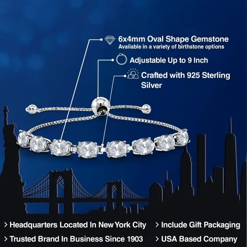 Vista 69 de Gem Stone King Pulsera de plata de ley 925 con piedra natal ovalada de 0.276 x 0.197 in para mujer, totalmente ajustable hasta 9 pulgadas