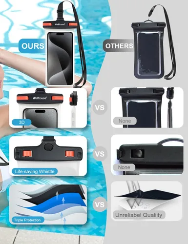 Vista 5 de wellhouse Funda impermeable para teléfono, estuche impermeable para iPhone 16 15 14 13 12 Pro Max XS Samsung, bolsa seca para celular IPX8 3D