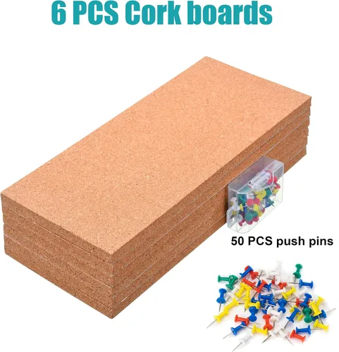 Vista 5 de SUNGIFT - Tableros de corcho de 1/2 pulgadas de grosor, 6 unidades de azulejos de corcho sin marco, 16.0 x 8.0 in, corkboards autoadhesivos