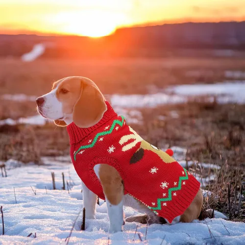 Vista 7 de Suéter navideño de cuello alto para perro, suéter de invierno de renos y copos de nieve con agujero para la correa, suéter de punto para cachorros
