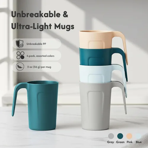 Vista 2 de zoeynex Vasos de plástico reutilizables (12 onzas) – Juego de 4 tazas de café de plástico irrompibles con asas Apto para lavavajillas y microondas