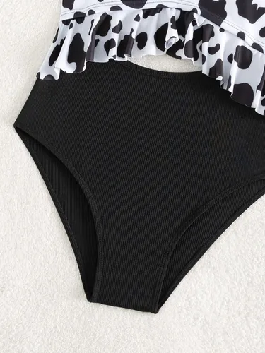 Vista 4 de WDIRARA Traje de baño de una pieza para niña con estampado de vaca y volantes de cintura alta