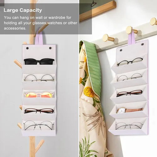 Vista 3 de MEGREZ Caja organizadora de lentes de sol de 5 ranuras, de piel sintética, plegable, para mujer, estuche para gafas de sol, organizador para viajes