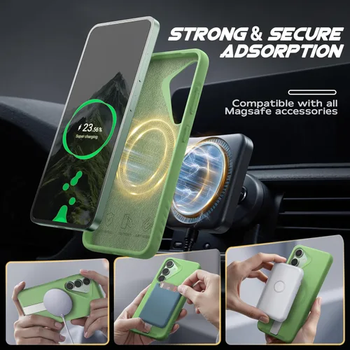 Vista 4 de URBANITE Funda para Samsung Galaxy S25, compatible con MagSafe, funda protectora de silicona magnética delgada con soporte ajustable (verde)