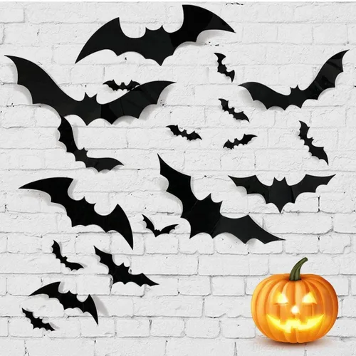 Vista 5 de 80 piezas de decoraciones de murciélagos de Halloween, 3 estilos de calcomanías extraíbles en 3D con 4 tamaños para decoración de Halloween