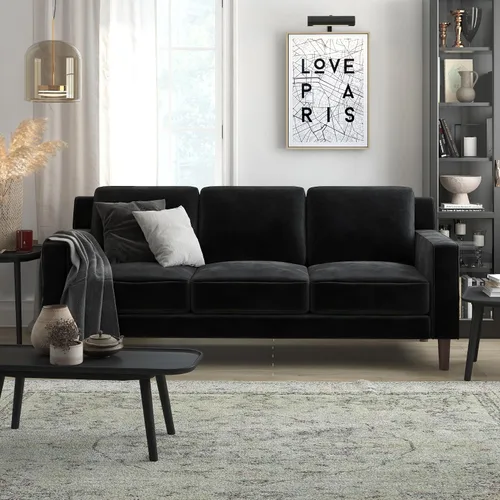 Vista 4 de DHP Brynn - Sofá tapizado de 3 plazas, muebles de sala de estar, terciopelo negro Negro Terciopelo