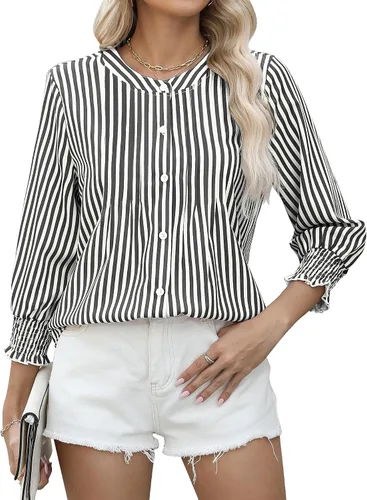 Vista 5 de AKEWEI Womens 3/4 Sleeves Button Down Shirts Pleated Chiffon Blouses Business Casual Tops