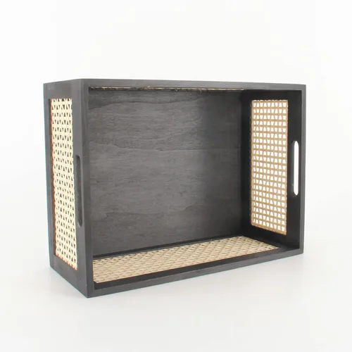 Vista 2 de Cesta de madera negra, cesta de almacenamiento de ratán para organizar, 14.96 x 11.02 x 6.30 pulgadas Negro