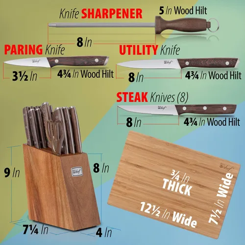 Vista 3 de Deco Chef Juego de cuchillos de cocina de 16 piezas de acero inoxidable con asas de madera, cuchillo de chef de 8 pulgadas, cuchilla de 6.5