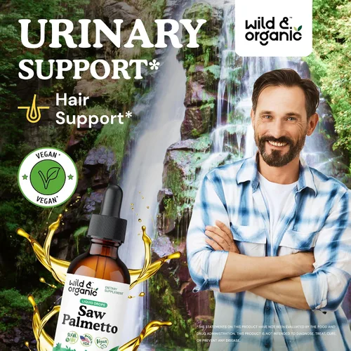 Vista 2 de Wild & Organic Gotas de Extracto de Saw Palmetto - Apoyo Urinario - Saw Palmetto para Hombres y Mujeres - Suplemento Líquido de Bayas de Serenoa