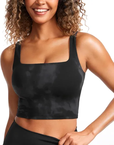 Vista 12 de CRZ YOGA Butterluxe Square Neck Crop Tank Top Brasier integrado, soporte ligero, almohadillas extraíbles, yoga, extremadamente suave, tirantes