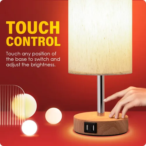 Vista 5 de Yarra-Decor Lámparas de noche con puerto USB, lámpara de mesa con control táctil para dormitorio, de madera, de 3 vías, regulable, juego de 2