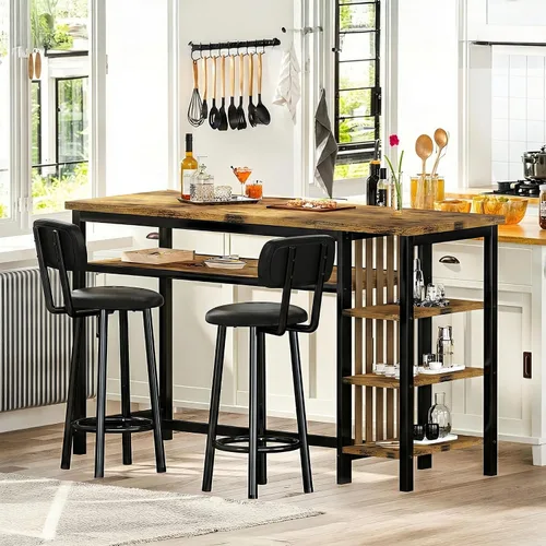 Vista 9 de DKLGG Juego de mesa de comedor para 2, juego de comedor rústico a altura de bar con almacenamiento y taburetes de mostrador, mesa de isla para Marrón
