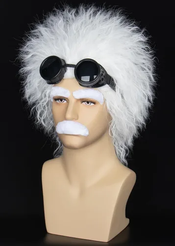 Vista 3 de Miss U Hair Mad Scientist - Juego de peluca y lentes de cejas con bigote, pelo blanco corto y rizado para disfraces de Halloween y cosplay