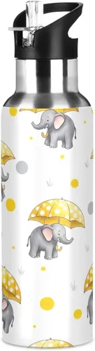 Vista 8 de Stainless Steel Water Bottle 20 Oz, BPA-Free Sports Water Bottle for Gym Outdoor Travel School, Cute Elephants Yellow Umbrellas