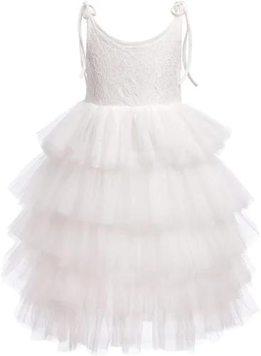 Vista 4 de Vestido de encaje bohemio para niñas de flores, vestido de boda, cumpleaños, con volantes, encaje de verano, tul, vestidos de fiesta, vestidos