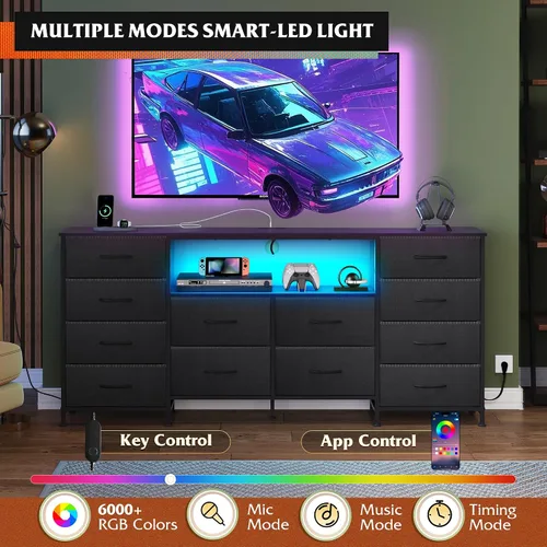 Vista 5 de WLIVE Cómoda de 12 cajones para dormitorio, cómoda negra para TV de 65, 70, 75 pulgadas con luz LED y estación de carga, cómoda ancha con estantes