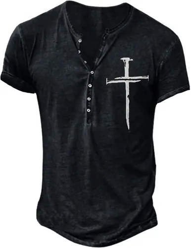 Vista 2 de Mens Cotton Blend Solid Short Sleeve Henley Shirt,Double Headed Eagle Cross Gothic Printed Urban Stylish Shirt
