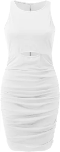 Vista 5 de LFEOOST Vestidos sexys para mujer, casual, de verano, sin mangas, cuello redondo, vestido de tirantes liso, fruncido, entallado, falda cruzada
