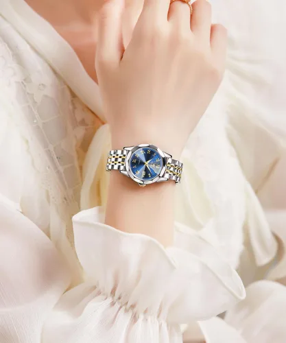 Vista 8 de OLEVS Reloj de pulsera para mujer, elegante, con diamantes, analógico, de cuarzo, de dos tonos, de acero inoxidable, impermeable, luminoso, regalo
