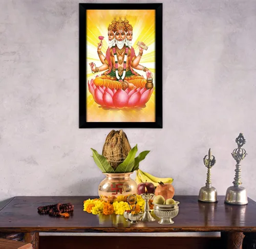 Vista 3 de Lord Brahma On Lotus - Marco de fotos religioso con marco, marco de pared negro, marco de fotos de elefante de Dios, decoración de pared