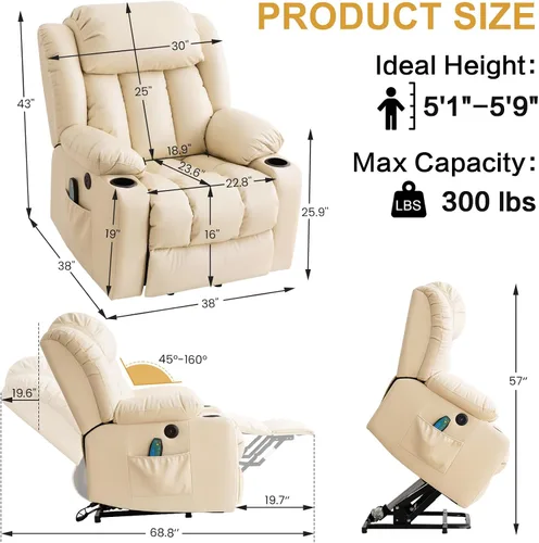 Vista 2 de PARKOL Silla reclinable eléctrica para ancianos y personas mayores, sillón reclinable eléctrico de cuero transpirable con masaje por vibración