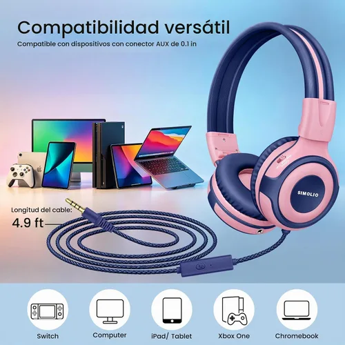 Vista 7 de SIMOLIO Auriculares para niños con 75 dB, 85 dB, 94 dB de volumen limitado y compartido, auriculares para niñas con micrófono, auriculares duraderos