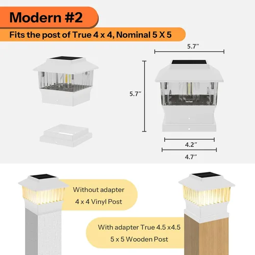 Vista 2 de Paquete de 4 luces solares para tapa de poste, modernas #2: se adapta a postes de vinilo de 4 x 4 y madera de 5 x 5 pulgadas, temperatura de 3