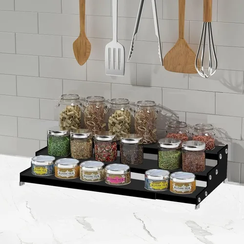 Vista 7 de Jojocross Organizador de especias para gabinete, almacenamiento de especias expandible de 3 niveles, ideal para armarios de cocina, armario, Negro