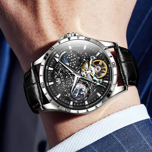 Vista 3 de OLEVS Relojes de cuero para hombre, mecánico automático, esqueleto Tourbillon, diamante, de lujo, cuerda automática, relojes de pulsera de vestir