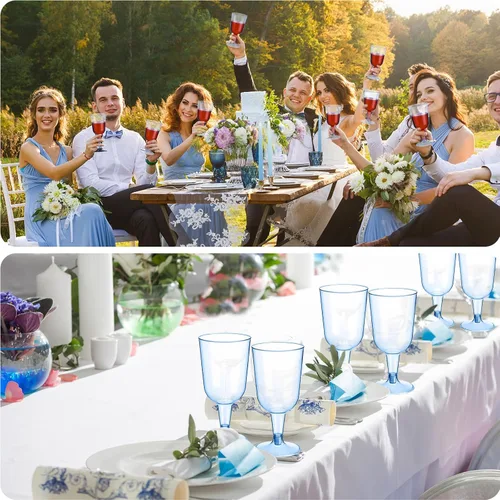 Vista 6 de Meanplan 100 copas de vino de plástico con tallo de 6 onzas, vasos de vino de plástico para fiestas, desechables, apilables, de picnic de boda Azul