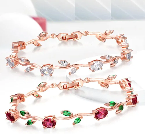 Vista 6 de 18K Rose Gold-Plated Crystal Bracelet for Women Red & Green Shiny Gemstone Tennis Bracelet Diamond Bangle Bracelet for Girls Fashion Jewelry