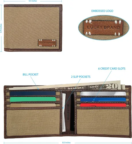 Vista 8 de Lucky Brand Lona para hombre con ribete de cuero RFID plegable