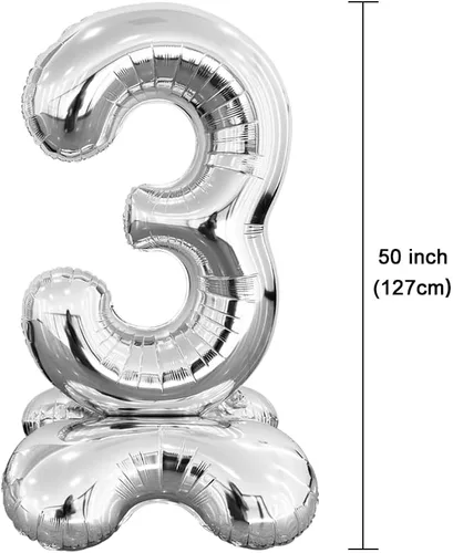 Vista 2 de Globo de helio gigante con el número 3 plateado, globo de aluminio grande de mylar, 50 pulgadas